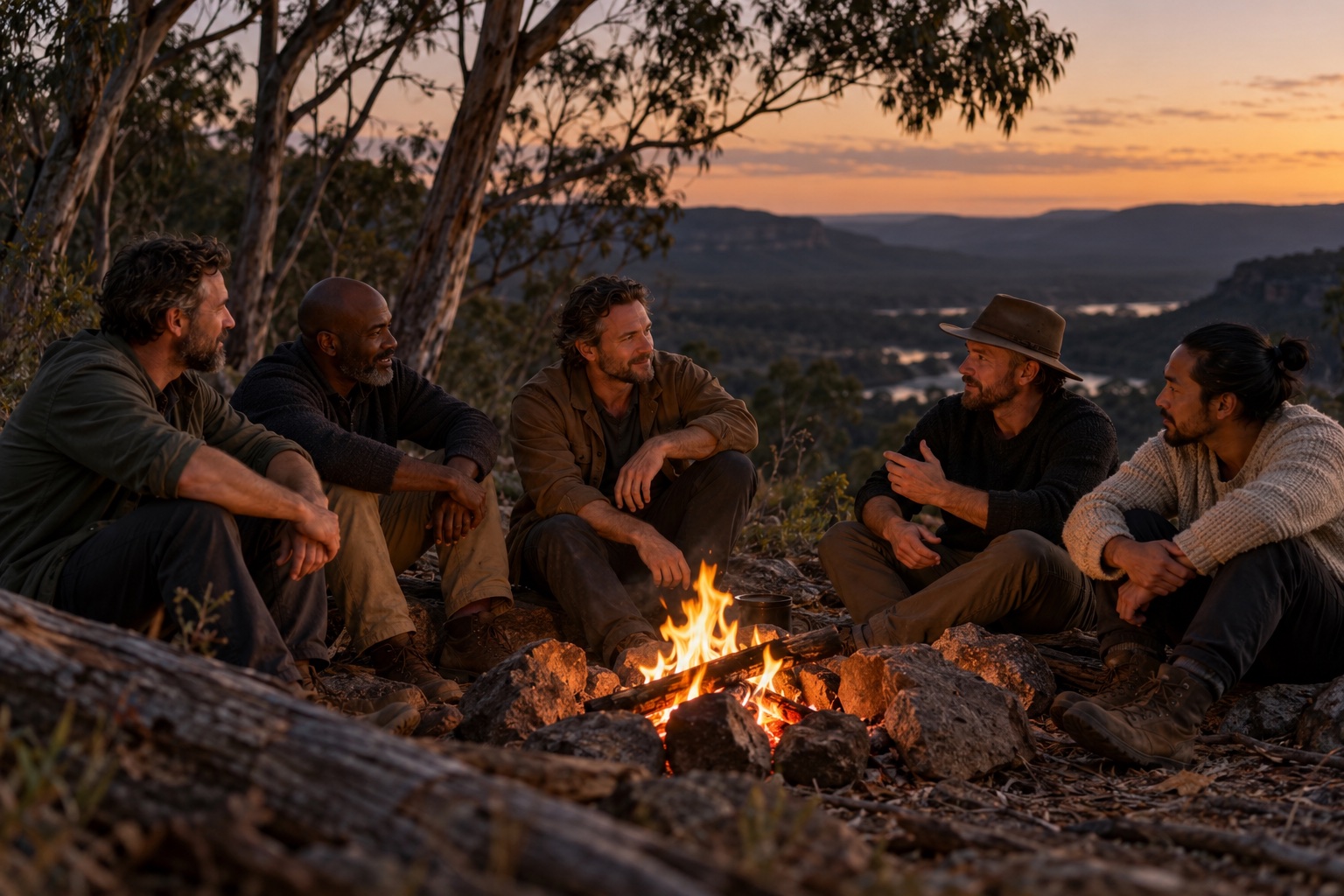 A group of men in conversation around a campfire at dusk
